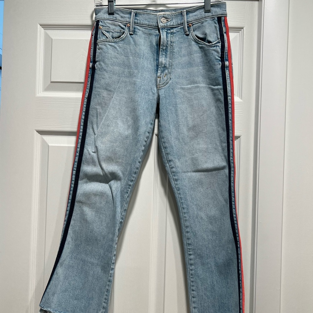 MOTHER Light Blue Flare Jeans with Red and Black Stripes